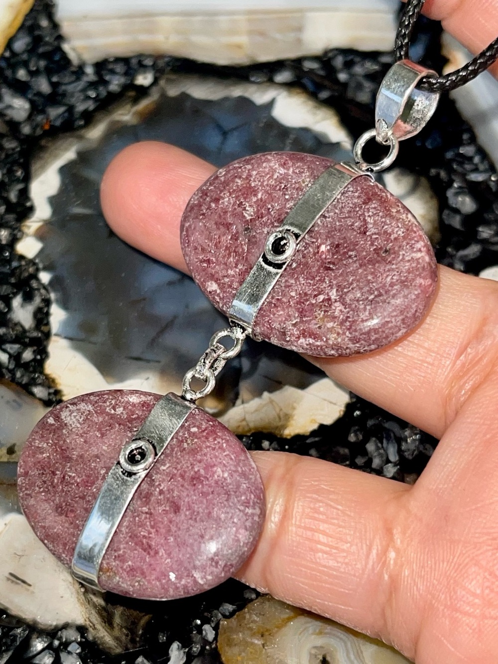 Large 2 Stone Rhodonite Crystal Pendant 3 1/4”